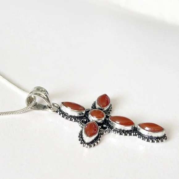 925 Sterling Silver Carnelian cross Necklace Gemstone Womens Jewelry handmade - Picture 7 of 10